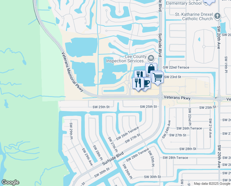 map of restaurants, bars, coffee shops, grocery stores, and more near 2648 Somerville Loop in Cape Coral