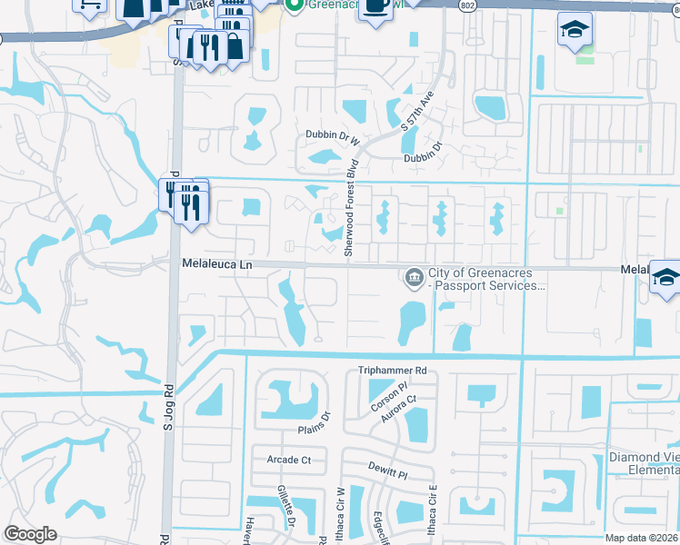 map of restaurants, bars, coffee shops, grocery stores, and more near 6113 Rainbow Circle in Greenacres