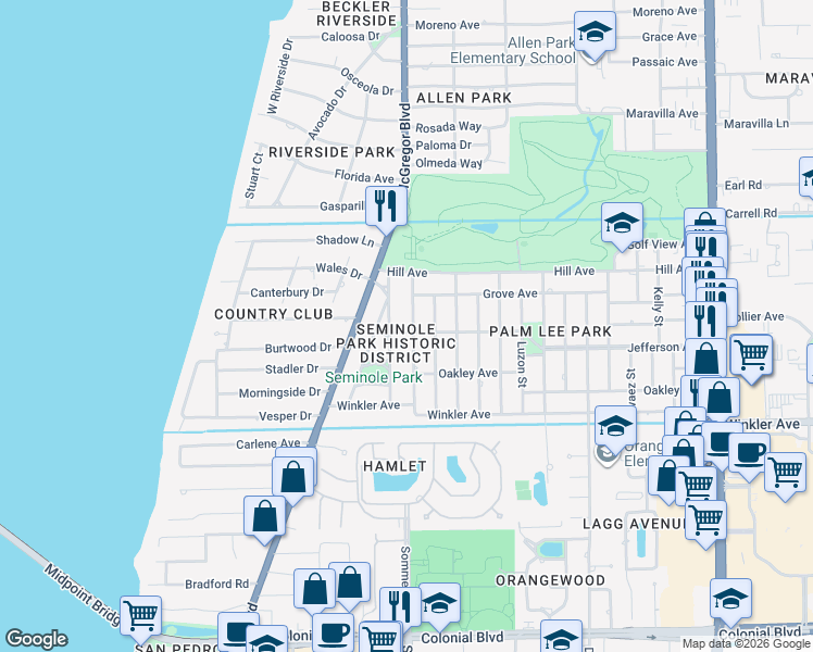 map of restaurants, bars, coffee shops, grocery stores, and more near 3825 Rogers Street in Fort Myers