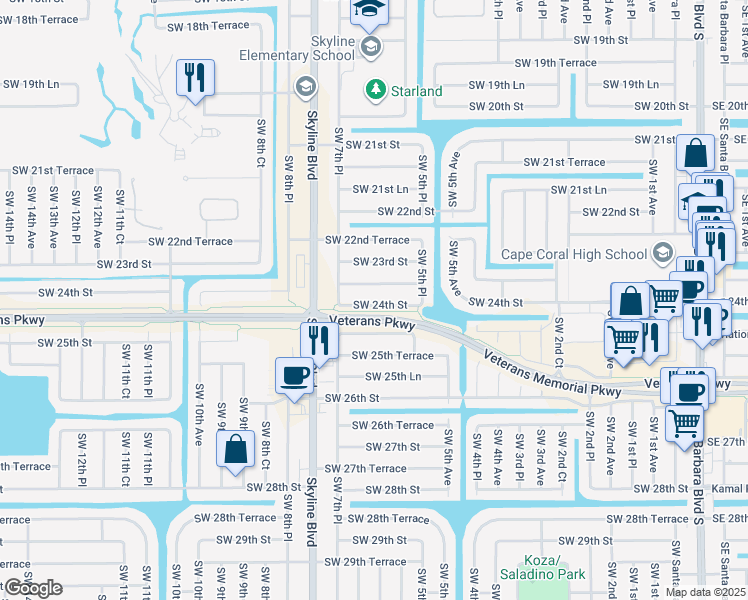 map of restaurants, bars, coffee shops, grocery stores, and more near 623 Southwest 24th Street in Cape Coral