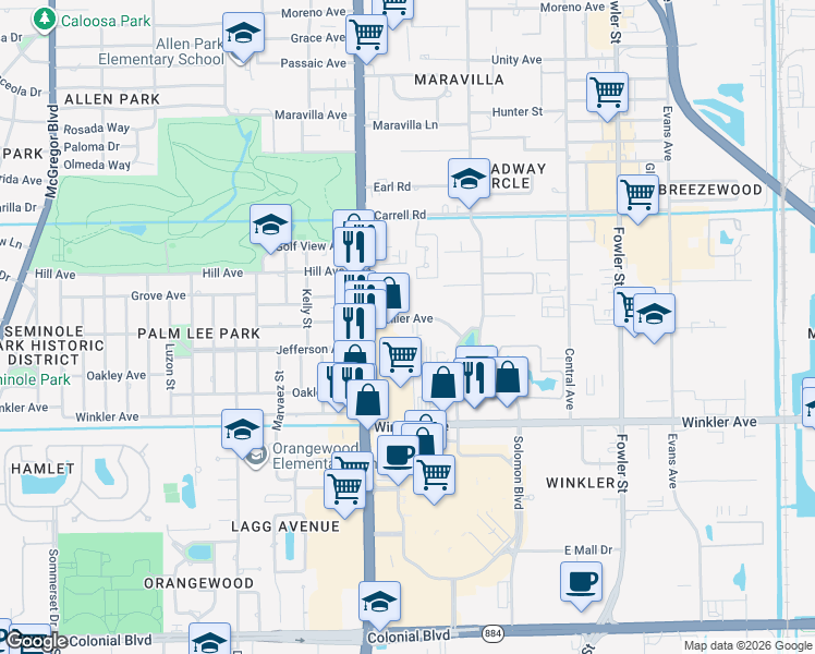map of restaurants, bars, coffee shops, grocery stores, and more near 3700-3774 Seago Lane in Fort Myers