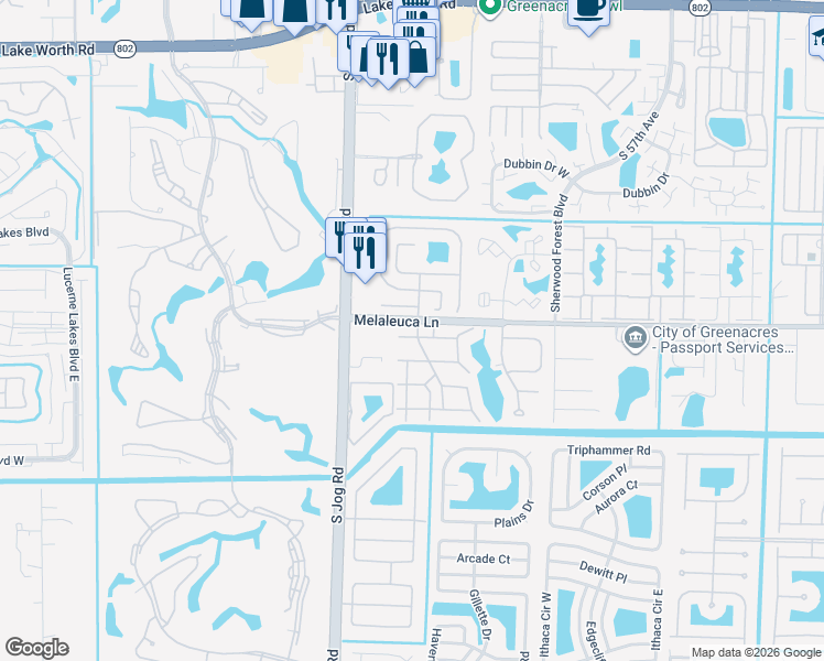 map of restaurants, bars, coffee shops, grocery stores, and more near 424 Pine Glen Lane in Greenacres