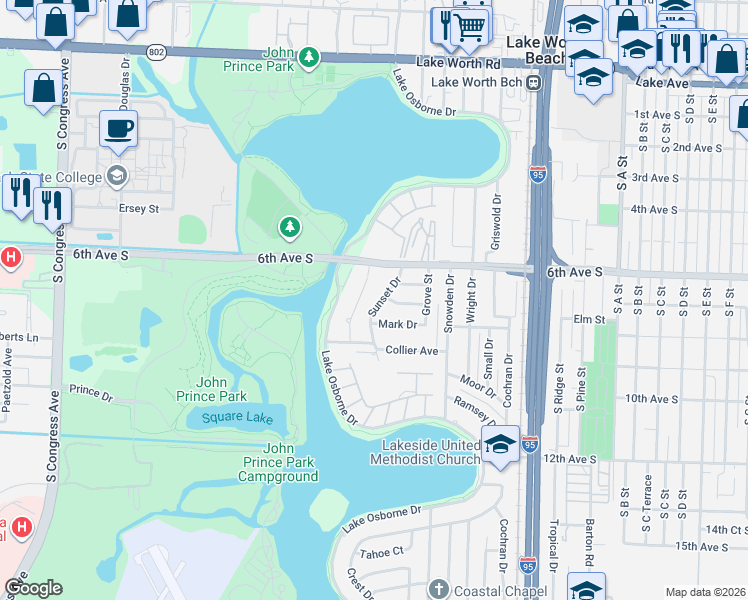 map of restaurants, bars, coffee shops, grocery stores, and more near 611 Lake Osborne Terrace in Lake Worth