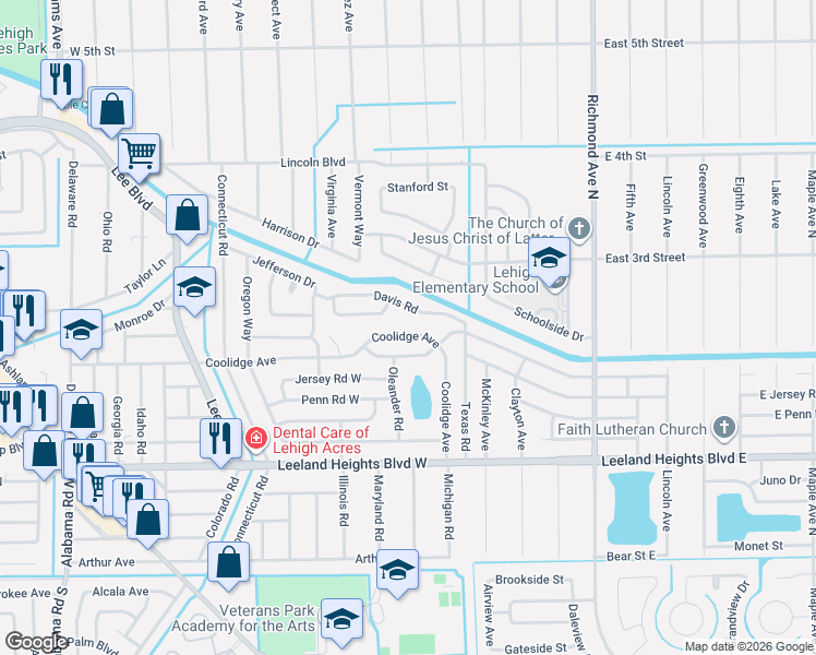 map of restaurants, bars, coffee shops, grocery stores, and more near 202 Davis Road in Lehigh Acres