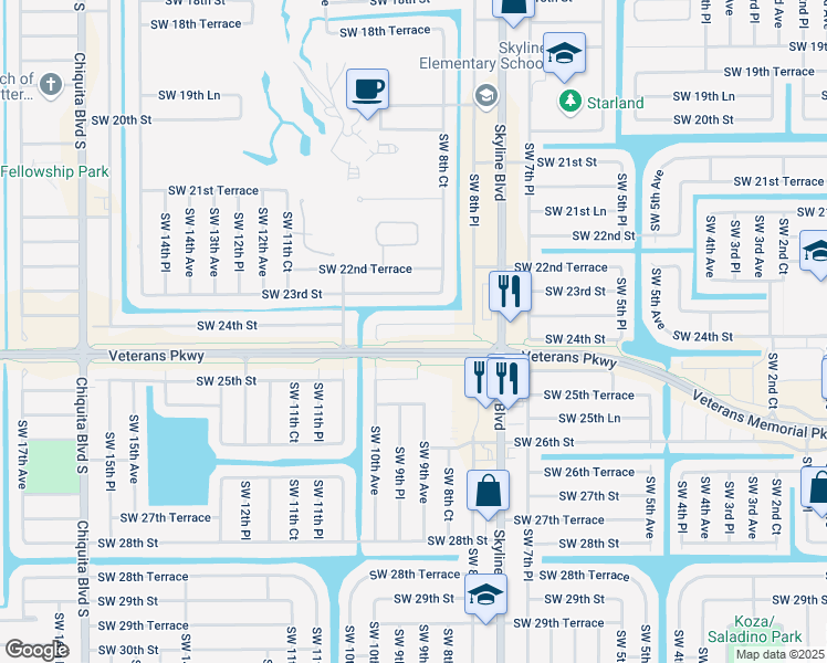 map of restaurants, bars, coffee shops, grocery stores, and more near 913 Southwest 24th Street in Cape Coral