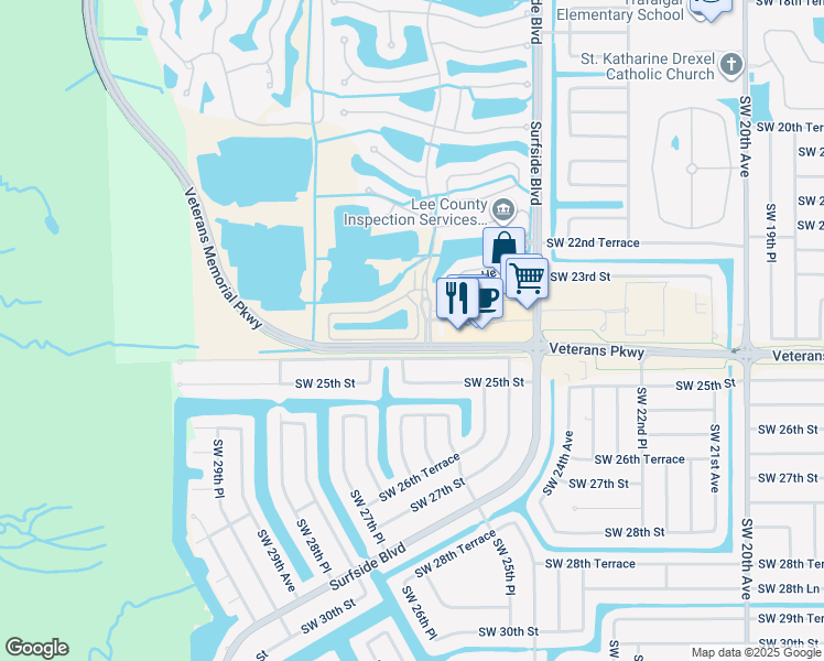 map of restaurants, bars, coffee shops, grocery stores, and more near 901 Somerville Loop in Cape Coral