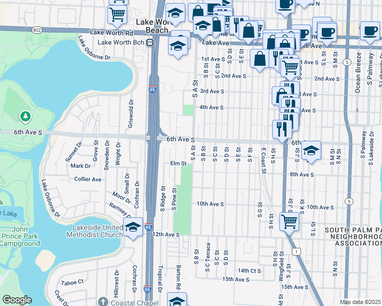 map of restaurants, bars, coffee shops, grocery stores, and more near 617 South A Street in Lake Worth