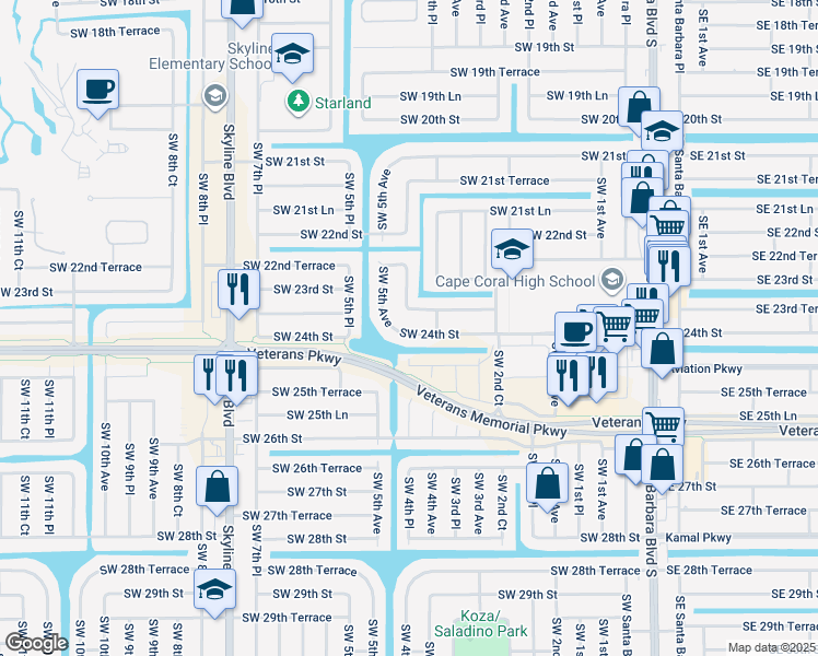 map of restaurants, bars, coffee shops, grocery stores, and more near 435 Southwest 24th Street in Cape Coral