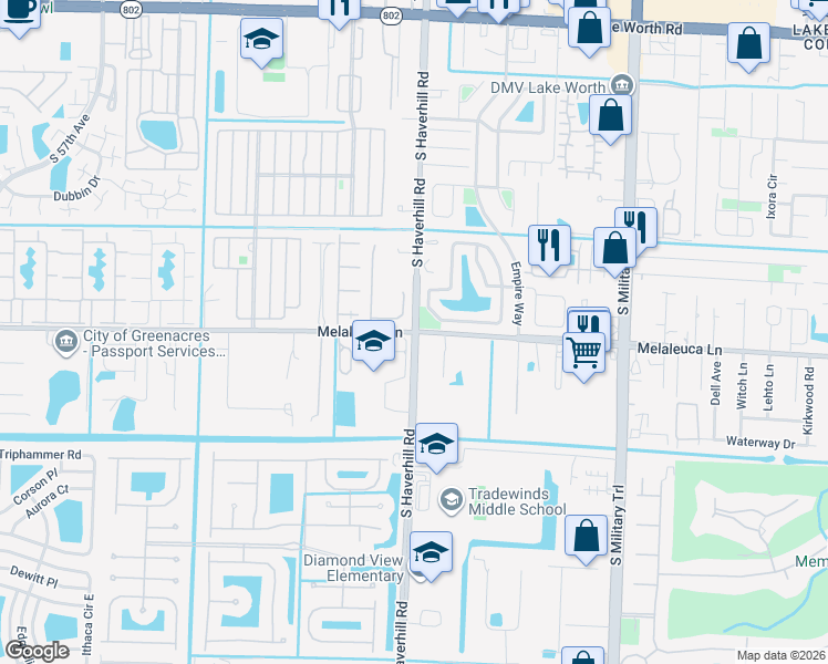 map of restaurants, bars, coffee shops, grocery stores, and more near Haverhill Road & Melaleuca Lane in Lake Worth