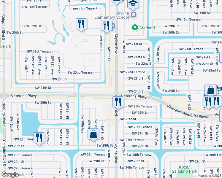 map of restaurants, bars, coffee shops, grocery stores, and more near 2401 Southwest 8th Place in Cape Coral