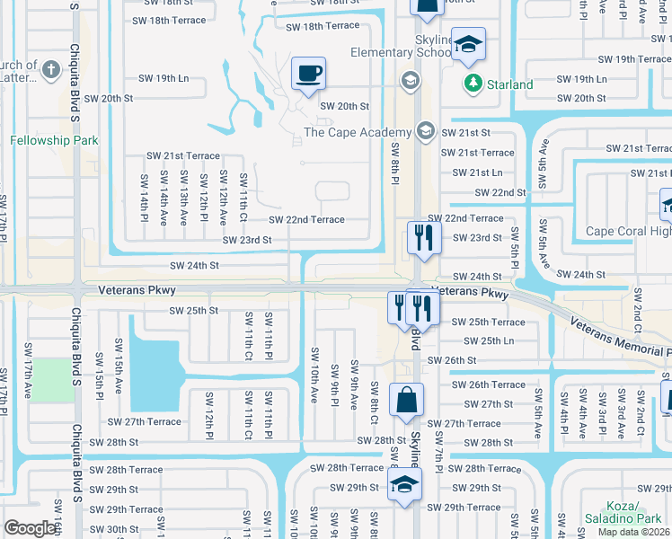 map of restaurants, bars, coffee shops, grocery stores, and more near 913 Southwest 24th Street in Cape Coral