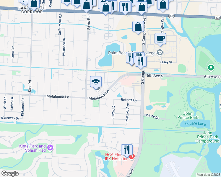 map of restaurants, bars, coffee shops, grocery stores, and more near 6th Ave S & Melaleuca Ln in Lake Worth