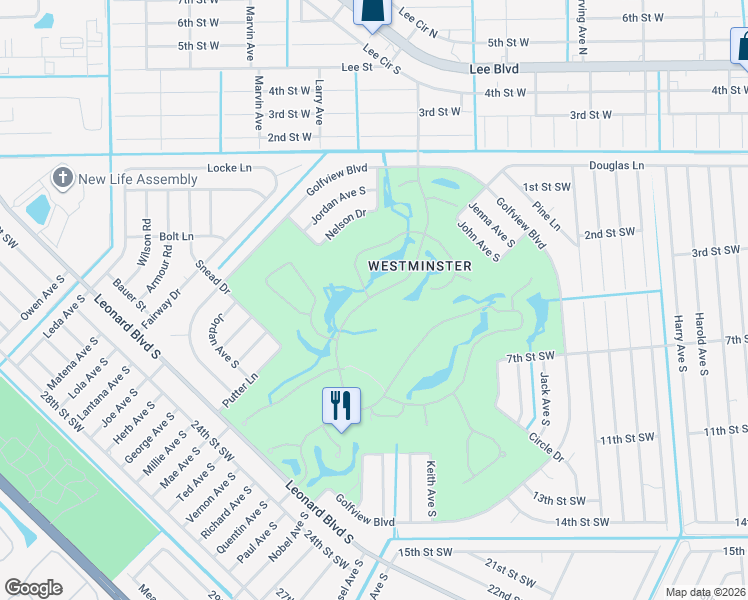 map of restaurants, bars, coffee shops, grocery stores, and more near 2141 Berkley Way in Lehigh Acres