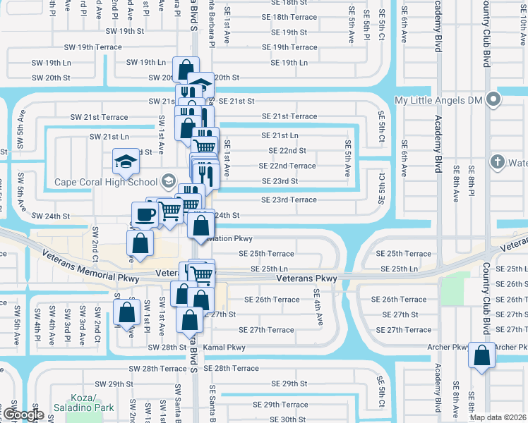 map of restaurants, bars, coffee shops, grocery stores, and more near 205 Southeast 24th Street in Cape Coral