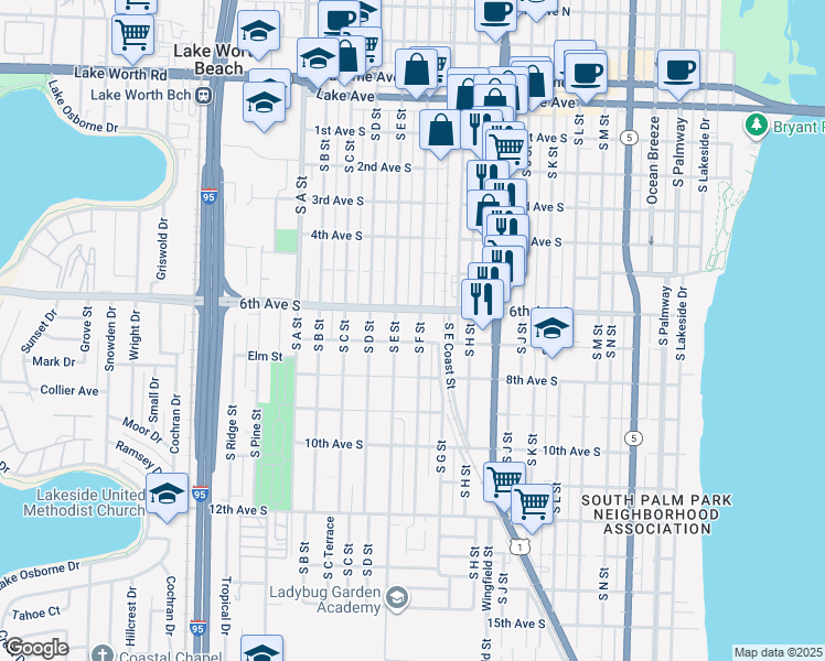 map of restaurants, bars, coffee shops, grocery stores, and more near 1203 6th Avenue South in Lake Worth