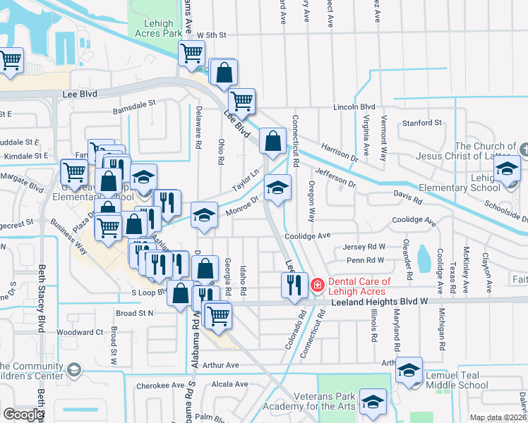 map of restaurants, bars, coffee shops, grocery stores, and more near Cosmopolitan Drive in Lehigh Acres