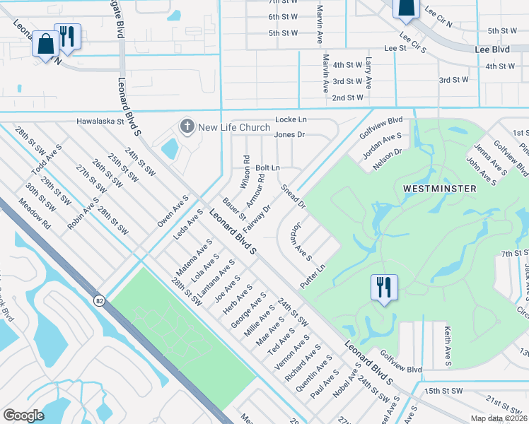 map of restaurants, bars, coffee shops, grocery stores, and more near 2227 Fairway Drive in Lehigh Acres