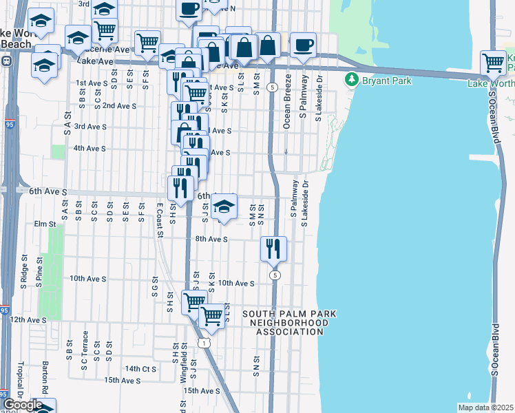 map of restaurants, bars, coffee shops, grocery stores, and more near 416 6th Avenue South in Lake Worth