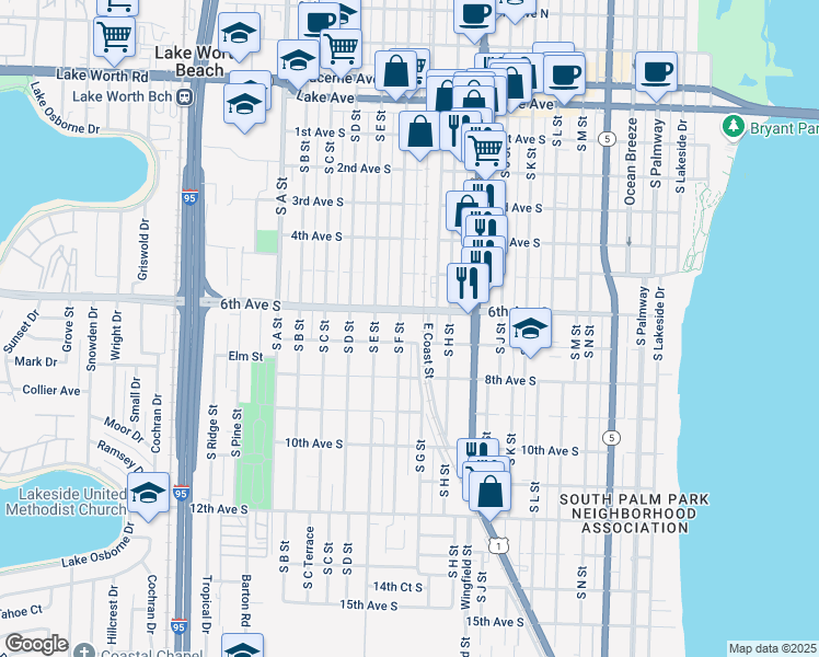 map of restaurants, bars, coffee shops, grocery stores, and more near 1100-1144 6th Avenue South in Lake Worth