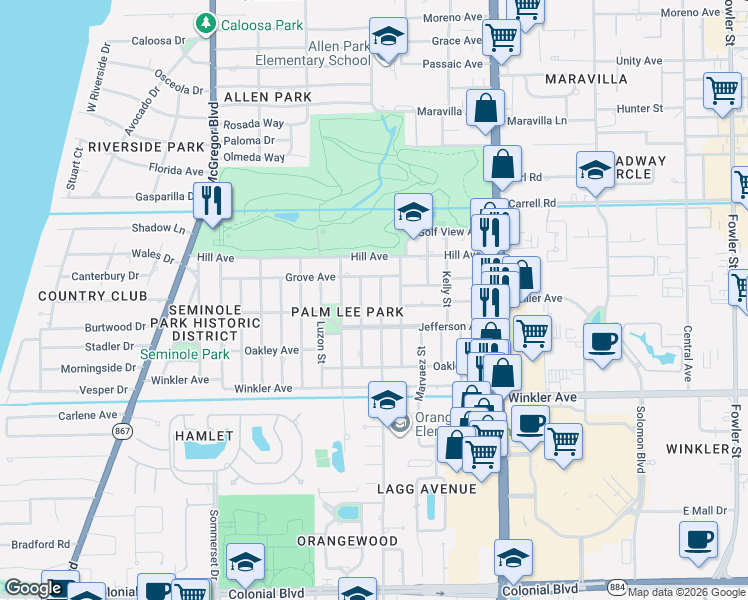 map of restaurants, bars, coffee shops, grocery stores, and more near 3717 Hanover Street in Fort Myers