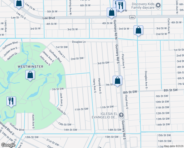 map of restaurants, bars, coffee shops, grocery stores, and more near 312 Harry Avenue South in Lehigh Acres