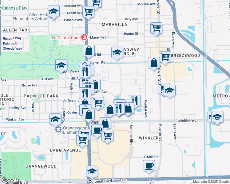 map of restaurants, bars, coffee shops, grocery stores, and more near 3704 Broadway in Fort Myers