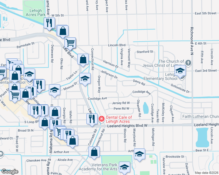map of restaurants, bars, coffee shops, grocery stores, and more near 509 York Road in Lehigh Acres