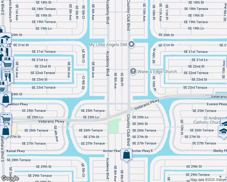 map of restaurants, bars, coffee shops, grocery stores, and more near 2318 Southeast 8th Avenue in Cape Coral