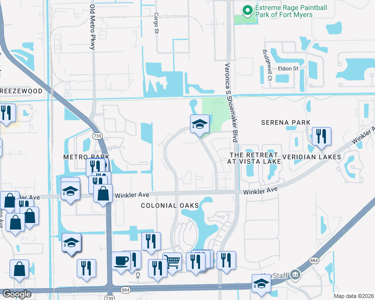 map of restaurants, bars, coffee shops, grocery stores, and more near 3800 Schoolhouse Road East in Fort Myers