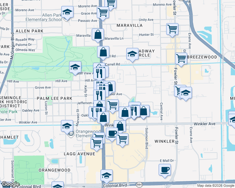 map of restaurants, bars, coffee shops, grocery stores, and more near 3700 Seago Lane in Fort Myers