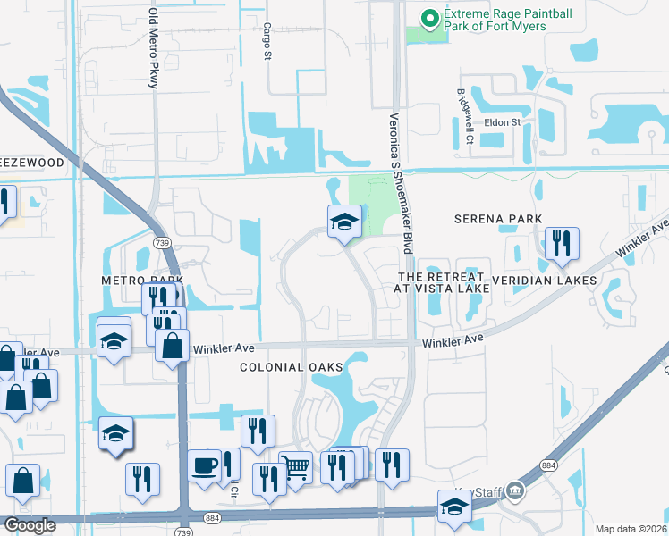 map of restaurants, bars, coffee shops, grocery stores, and more near 3800 Schoolhouse Road East in Fort Myers