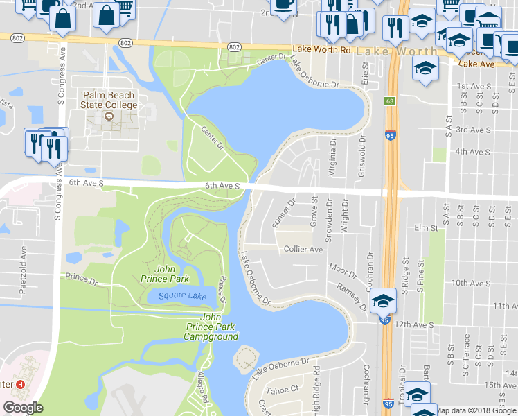 map of restaurants, bars, coffee shops, grocery stores, and more near 2526 Lake Osborne Drive in Lake Worth