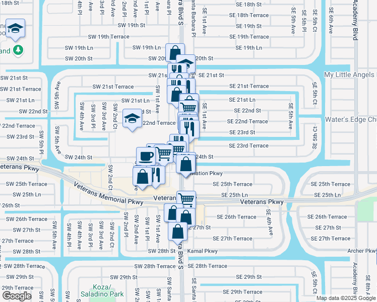 map of restaurants, bars, coffee shops, grocery stores, and more near 2325 Santa Barbara Boulevard in Cape Coral