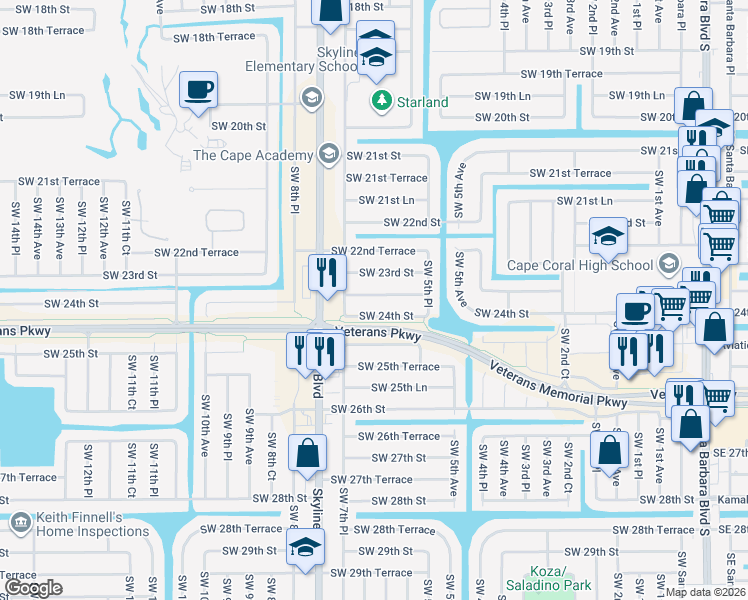 map of restaurants, bars, coffee shops, grocery stores, and more near 626 Southwest 23rd Terrace in Cape Coral