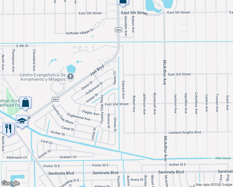 map of restaurants, bars, coffee shops, grocery stores, and more near 117 Sebring Circle in Lehigh Acres
