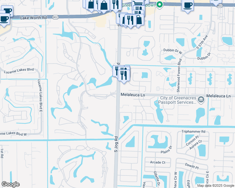 map of restaurants, bars, coffee shops, grocery stores, and more near Jog Rd & Melaleuca Ln in Lake Worth