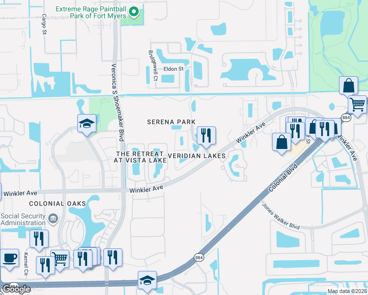 map of restaurants, bars, coffee shops, grocery stores, and more near 3886 Burrfield Street in Fort Myers