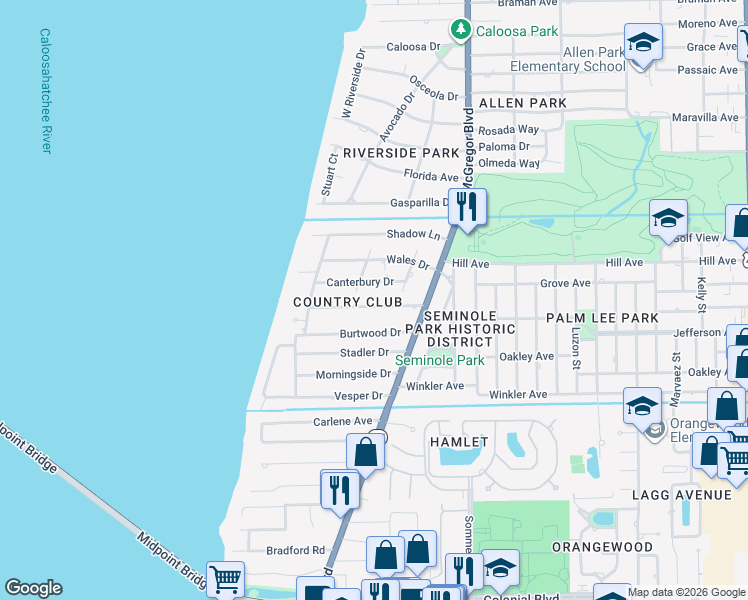 map of restaurants, bars, coffee shops, grocery stores, and more near 1310 Canterbury Drive in Fort Myers