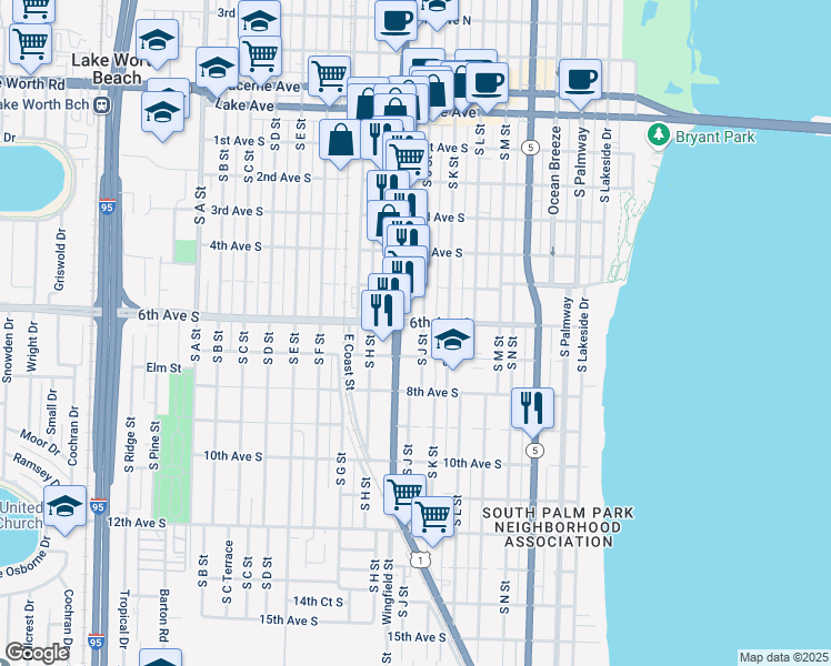 map of restaurants, bars, coffee shops, grocery stores, and more near 606 South J Street in Lake Worth
