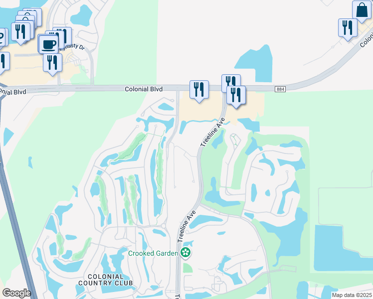 map of restaurants, bars, coffee shops, grocery stores, and more near Colonial Country Club Boulevard in Fort Myers