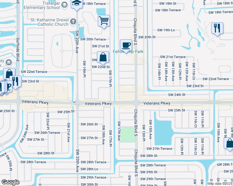 map of restaurants, bars, coffee shops, grocery stores, and more near 1631 Southwest 23rd Terrace in Cape Coral