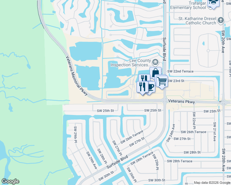 map of restaurants, bars, coffee shops, grocery stores, and more near 601 Somerville Loop in Cape Coral