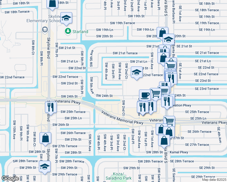 map of restaurants, bars, coffee shops, grocery stores, and more near 341 Southwest 23rd Terrace in Cape Coral