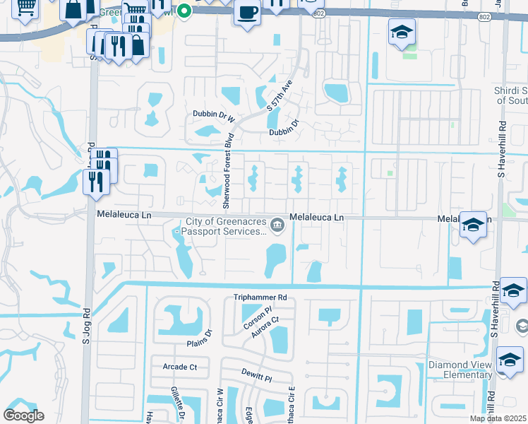 map of restaurants, bars, coffee shops, grocery stores, and more near 239 Melaleuca Lane in Greenacres