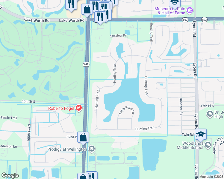 map of restaurants, bars, coffee shops, grocery stores, and more near 4589 Hunting Trail in Lake Worth