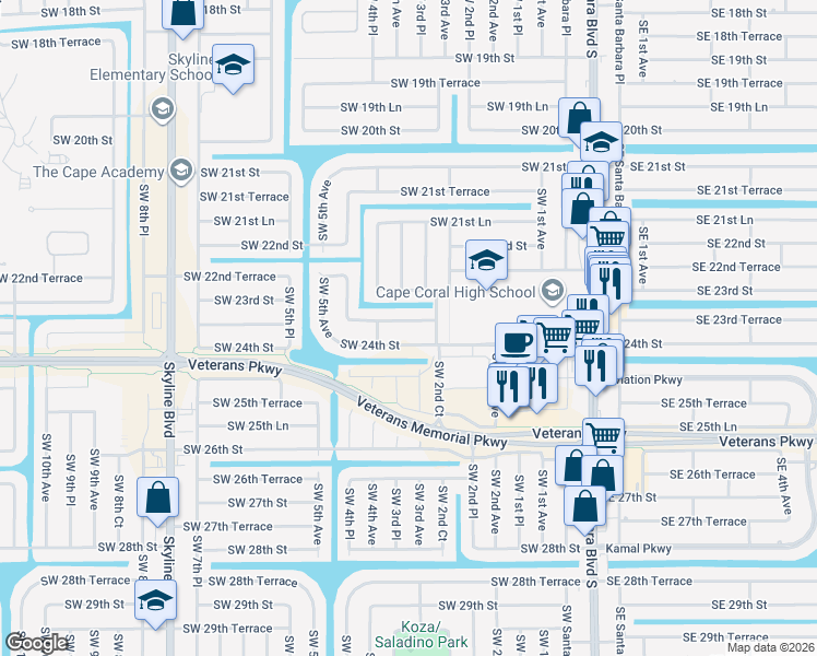 map of restaurants, bars, coffee shops, grocery stores, and more near 247 Southwest 23rd Terrace in Cape Coral