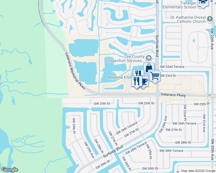 map of restaurants, bars, coffee shops, grocery stores, and more near 601 Somerville Loop in Cape Coral