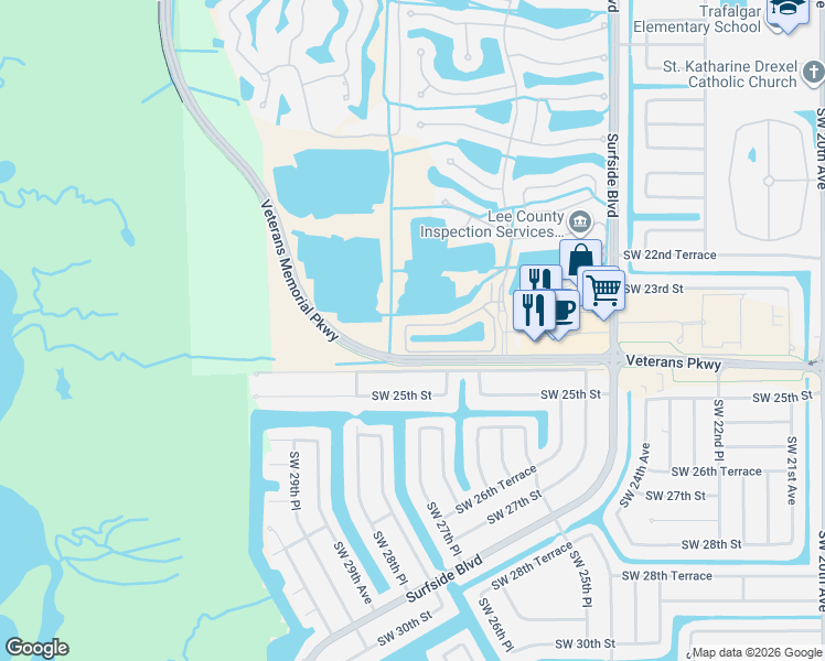 map of restaurants, bars, coffee shops, grocery stores, and more near 601 Somerville Loop in Cape Coral
