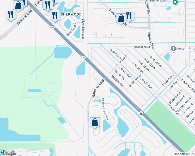 map of restaurants, bars, coffee shops, grocery stores, and more near 12001 Rock Brook Run in Fort Myers