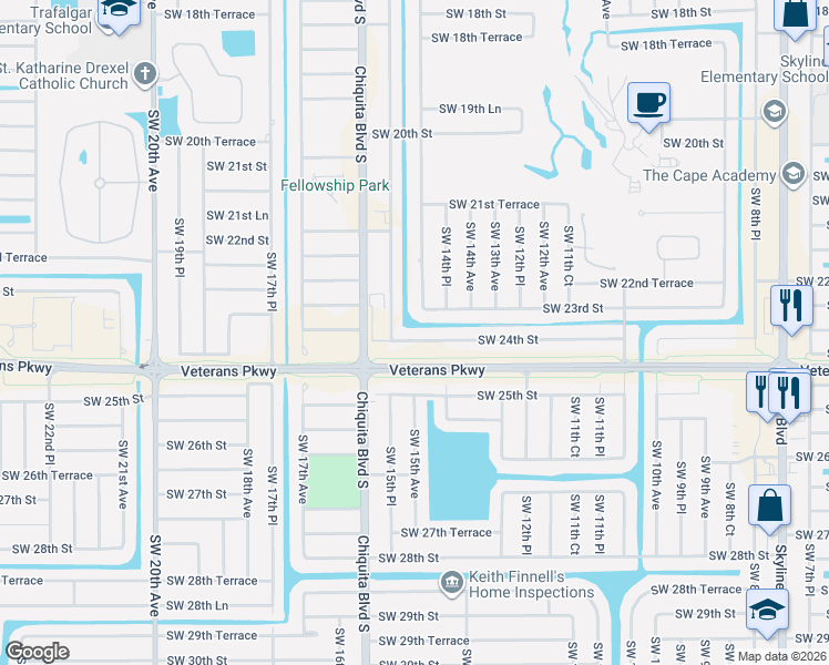 map of restaurants, bars, coffee shops, grocery stores, and more near 1433 Southwest 24th Street in Cape Coral